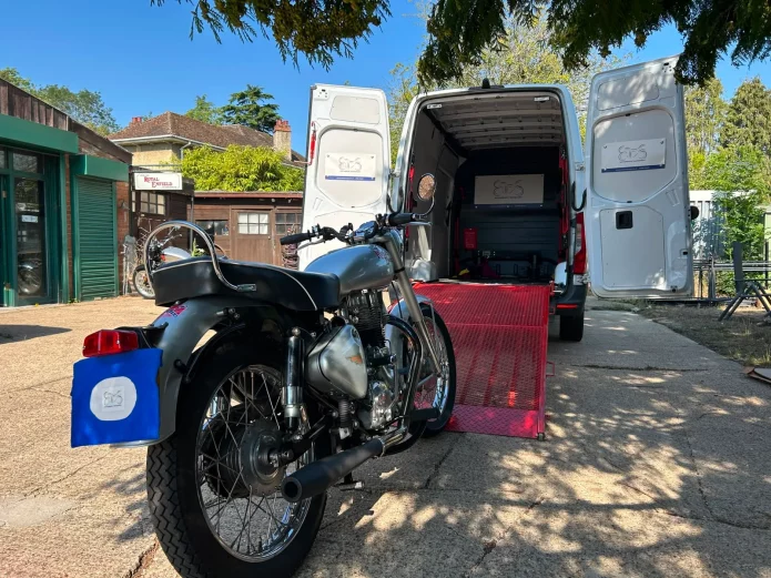 ETS Motorbike Transport collecting a Royal Enfield from Haywards of Cambridge in Cambridgeshire