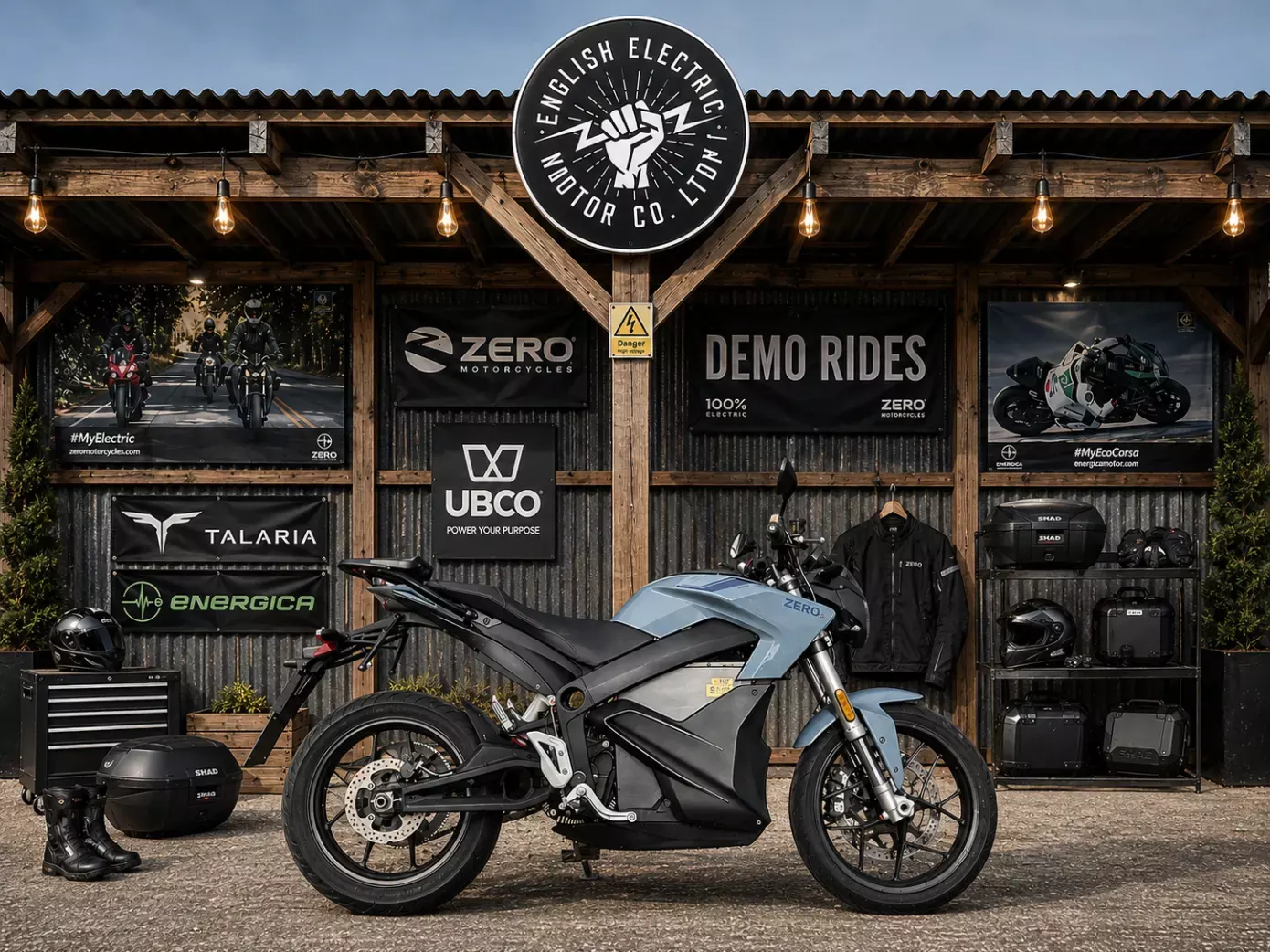 EEMC-Bike-outside-shot Zero electric motorcycle outside the English Electric Motor Co showroom, ready for collection by ETS Motorbike Transport