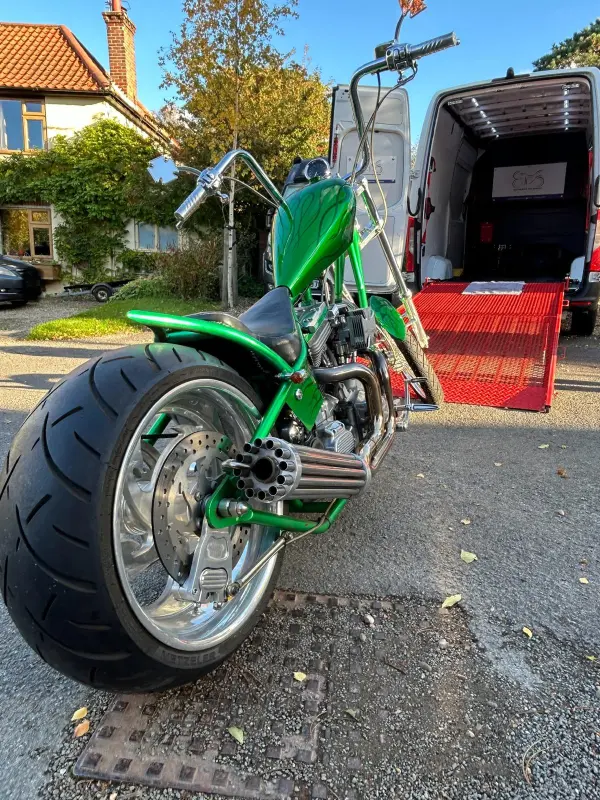 Custom chopper motorcycle ready for collection by ETS Motorbike Transport in Peterborough