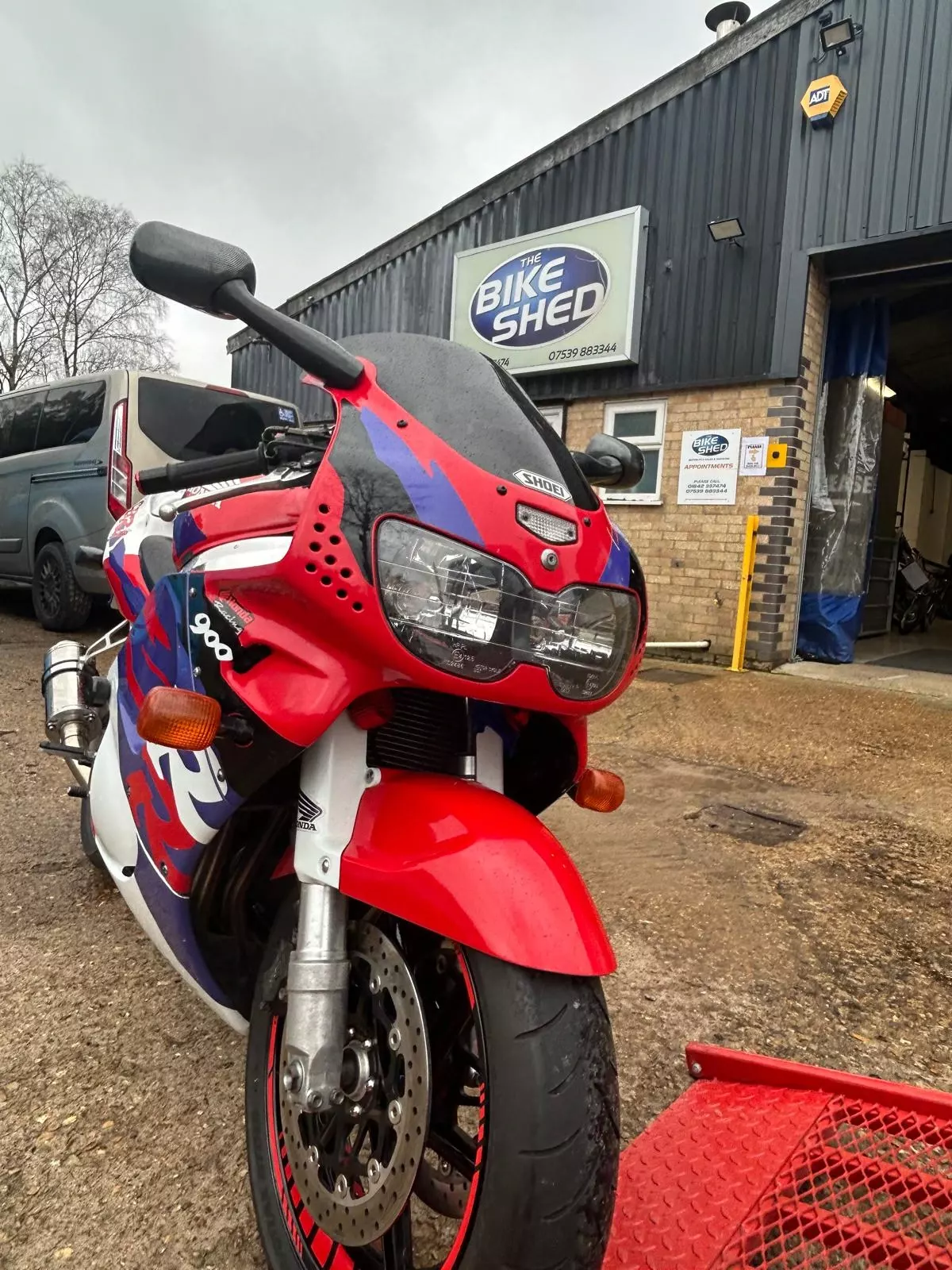 Honda Fireblade being loaded onto the ETS Motorbike Transport ramp at The Bike Shed in Brandon, Suffolk