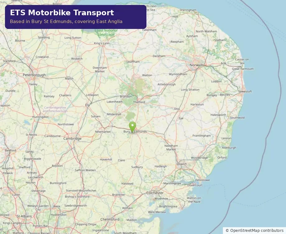 Map of East Anglia showing ETS Motorbike Transports base in Bury St Edmunds, covering Suffolk, Norfolk, Cambridgeshire and Essex